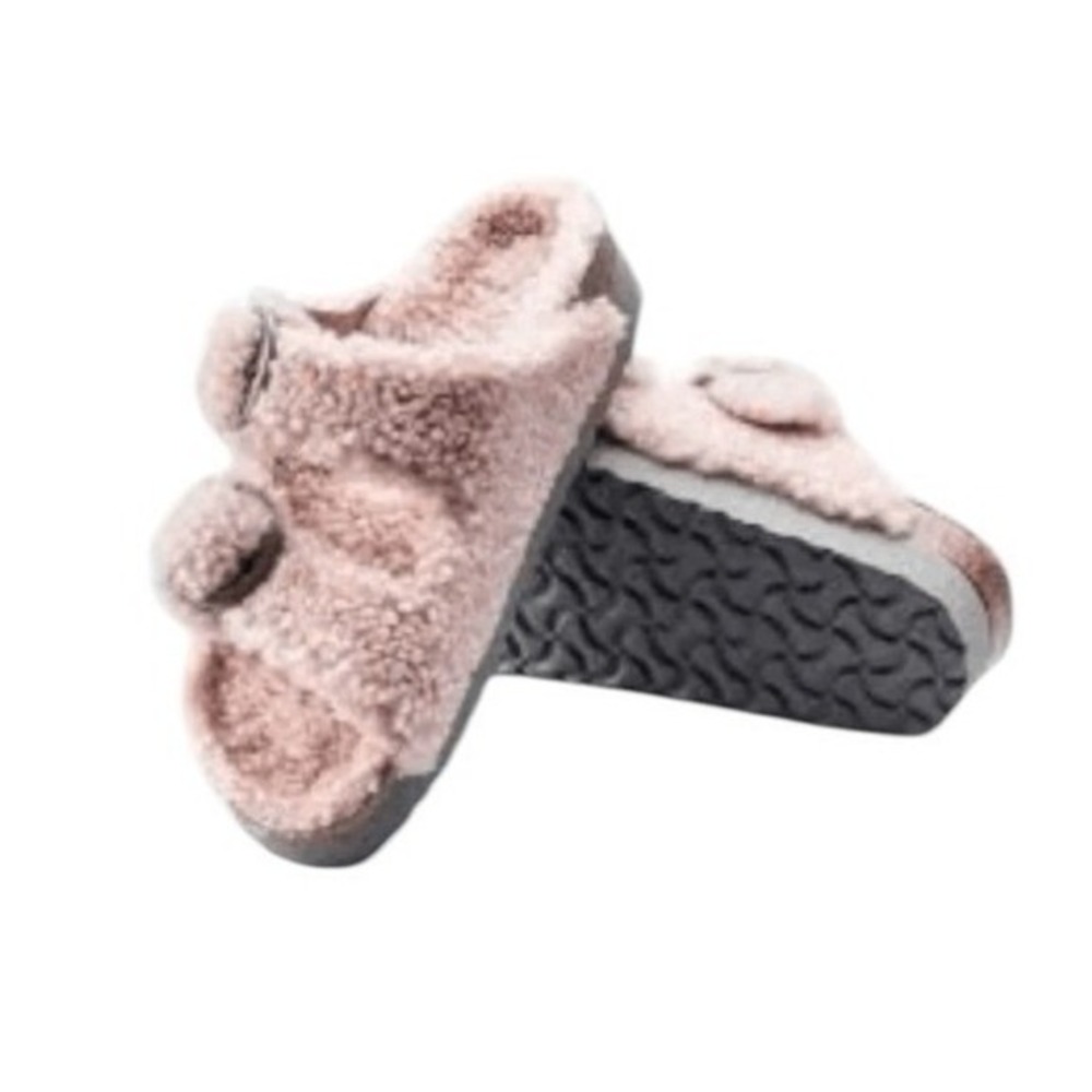 Birkenstock Papillio‎ Arizona Big Buckle Shearling Platform Pink Slip-On Sandals